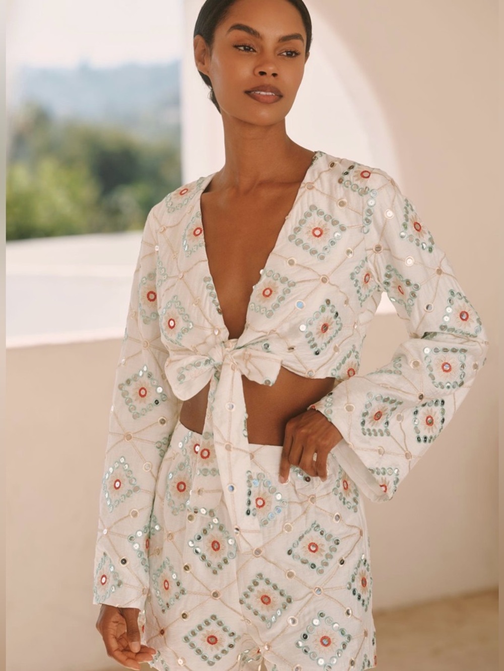 Blithe Mirror Geo Embroidered Tie-Front Top & Shorts Set NWT Size S